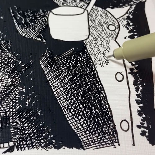 Crosshatching the shirt details in fineliner pen